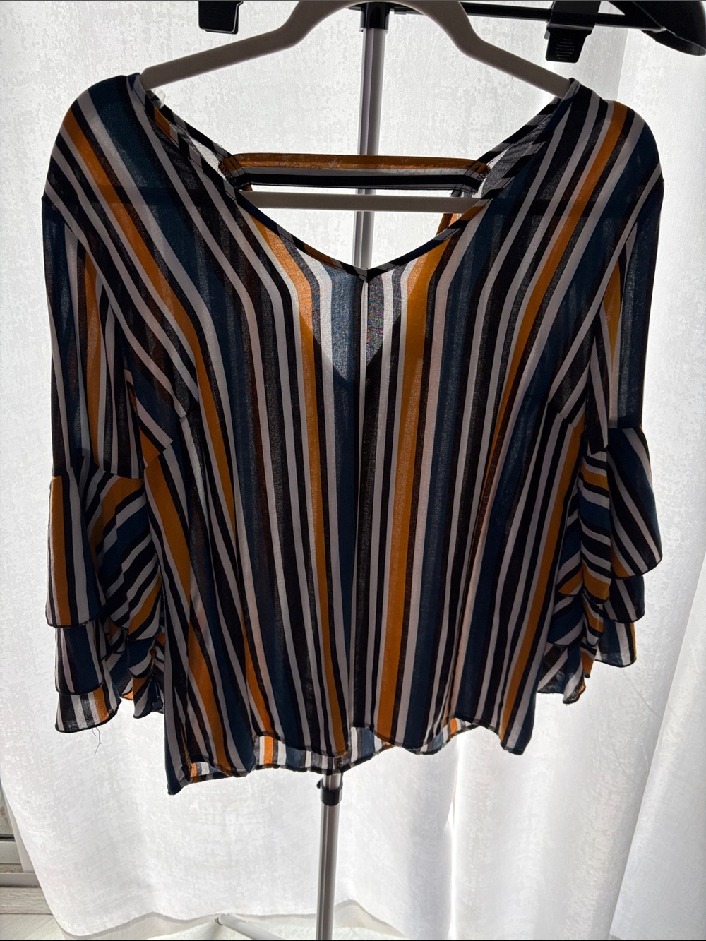 Striped V-Neck Ruffle Sleeve Blouse - Navy, White & Mustard